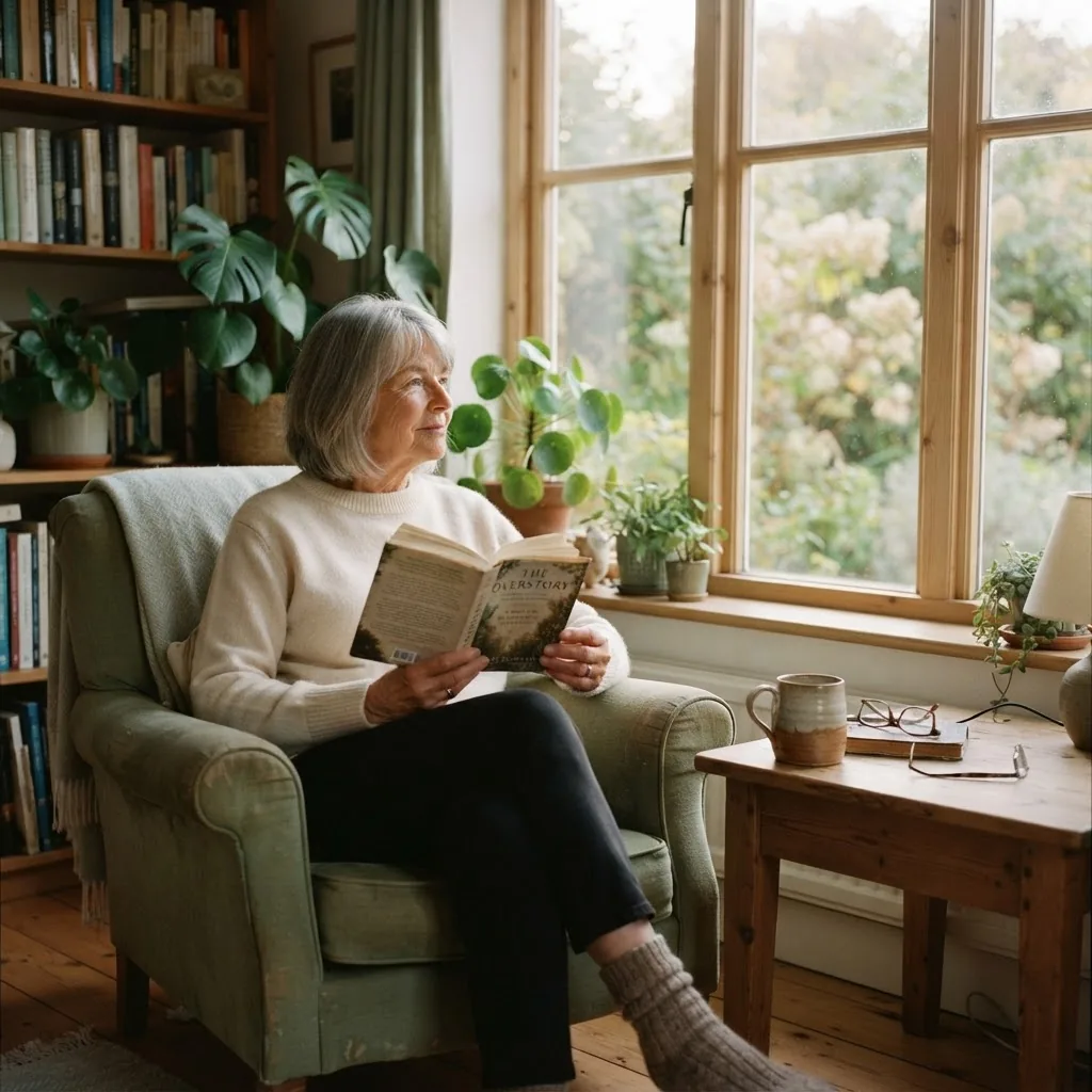 Une femme âgée assise dans un fauteuil de son salon, un livre à la main, le regard tourné vers la fenêtre ouverte sur un jardin.