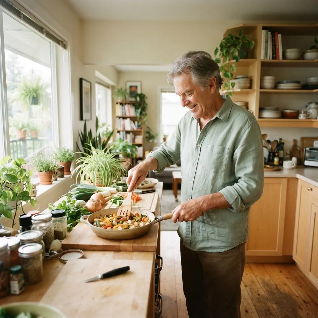 Un homme d'une soixantaine d'années prépare un plat de légumes dans la cuisine lumineuse de son logement.