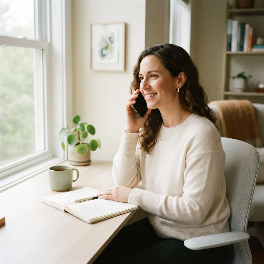 Une conseillère au téléphone, assise à un bureau près d'une fenêtre, prend des notes sur un carnet en écoutant son interlocuteur.
