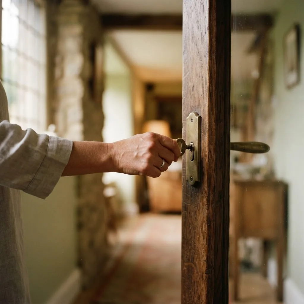 Une main tourne une clé dans la serrure d'une porte en bois, à l'entrée d'une maison.